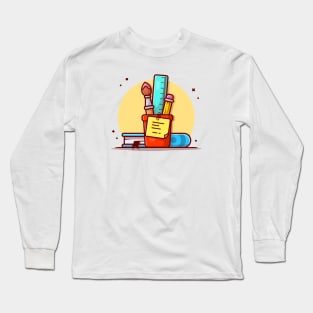 Stationery with Ruler, Pencil, Pen and Book Cartoon Vector Icon Illustration (2) Long Sleeve T-Shirt